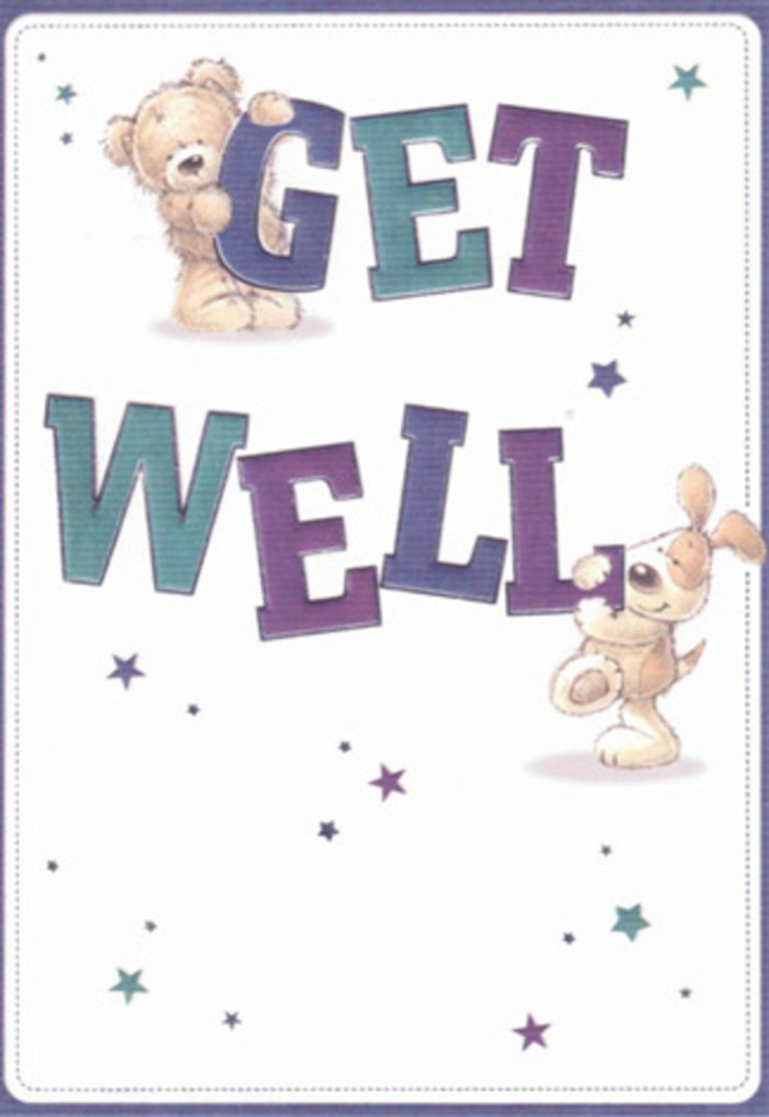 A heartwarming scene unfolds on this get well card, as if painted with the gentle optimism often found in Little Ilford's community gardens. A sweet teddy bear with soft, chestnut brown fur snuggles atop the bold purple letters of 'GET', while a loyal puppy sits nearby, his floppy ears and gentle eyes conveying companionship and sincere well wishes. The large, confident words 'GET WELL' anchor the image, their deep purples and tranquil aquas inviting a sense of reassurance. Dotted across the milky cream background, whimsical stars and splashes of lavender and cobalt float like whispered wishes, reminiscent of petals scattered across a table in the Little Ilford Florist workshop. Every illustrated stroke gives the impression of texture you can almost feel-the bear's snuggly fluff and the puppy's velveteen coat echo the inviting touch of a fresh bloom. The composition glows with lightness and hope, imbued with the same thoughtful care we bring to local bouquet deliveries, making it easy to imagine this card arriving alongside fragrant, hand-arranged flowers to someone on the mend in Little Ilford.